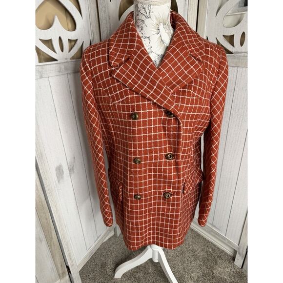 Vintage Wool Peacoat Orange White Checkered 60s 70s Union Made Size Medium - Picture 1 of 10